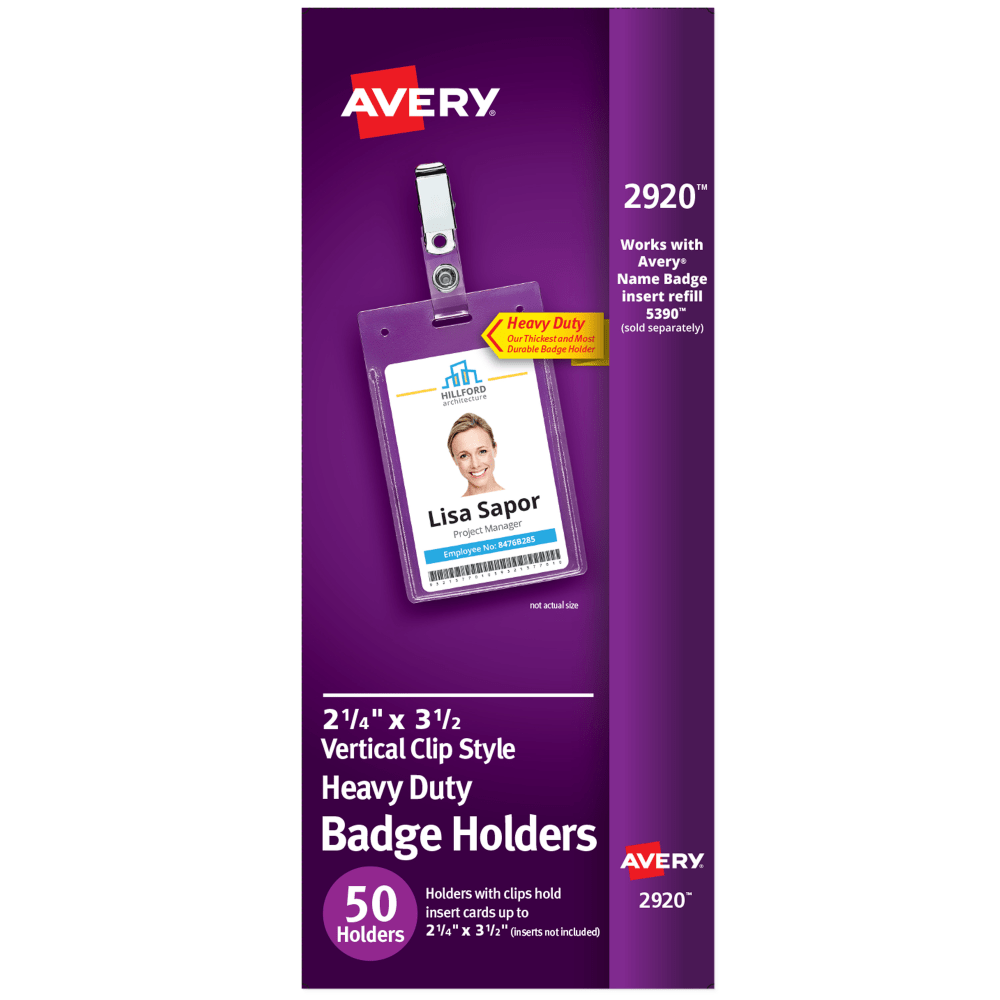 Avery Secure Top Badge Holders, For 3-1/2in x 2-1/4in Badge, Portrait With Clip, Clear, Box Of 50