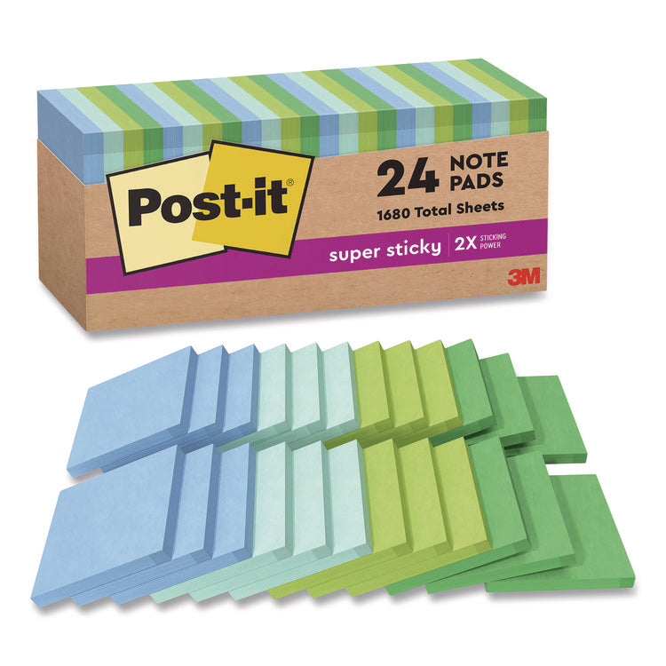 100% Recycled Paper Super Sticky Notes, 3" x 3", Oasis, 70 Sheets/Pad, 24 Pads/Pack