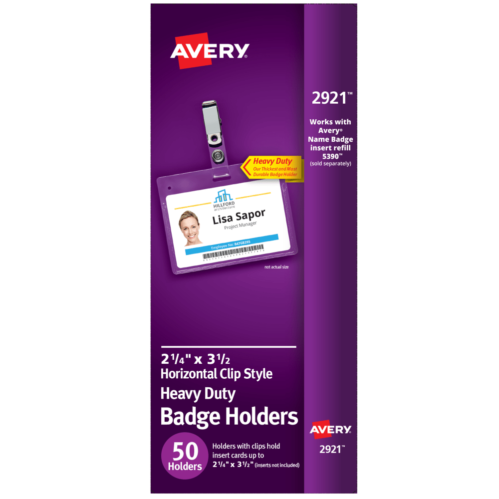 Avery Secure Top Badge Holders, For 2 1/4in x 3 1/2in Badge, Landscape With Clip, Clear, Box Of 50