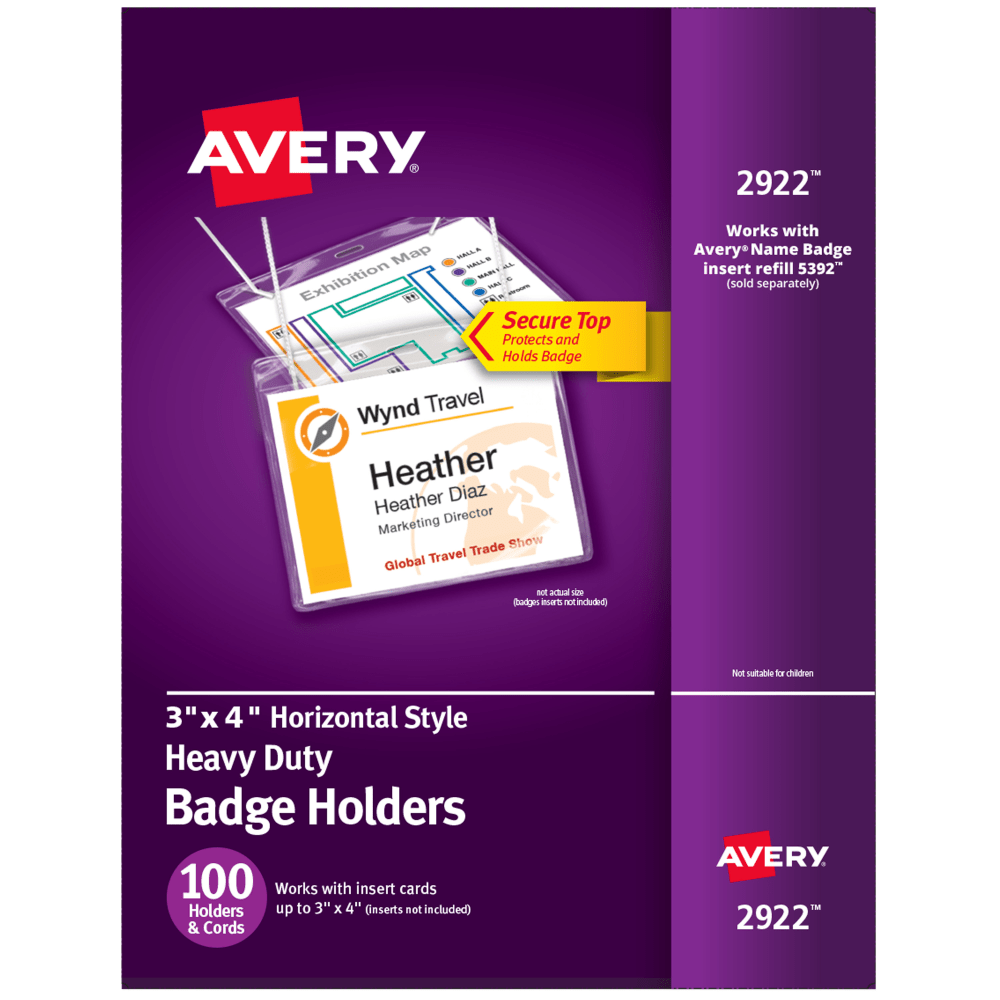 Avery Secure Top Badge Holders, For 3in x 4in Badge, Landscape With Lanyard, Clear, Box Of 100