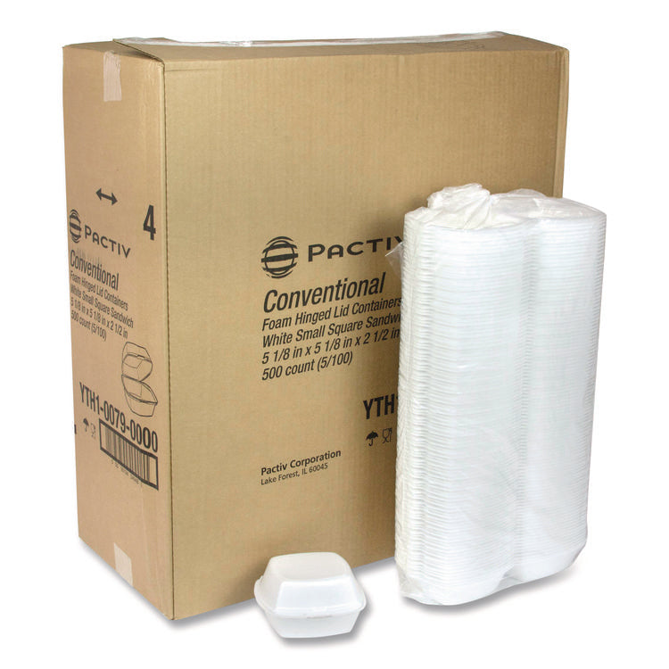 Conventional Foam Hinged Lid Container, 5 x 5 x 2.5, White, 500/Carton