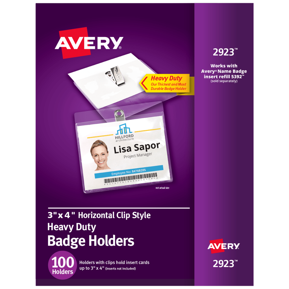 Avery Heavy Duty Horizontal ID Badge Holders With Clips, 3in x 4in, Clear, Box Of 100