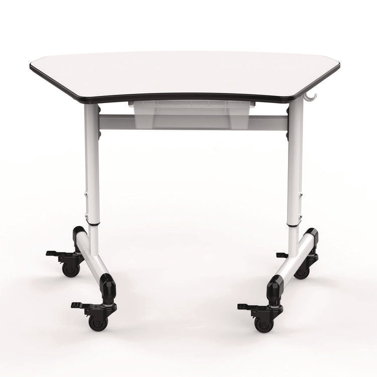 Height-Adjustable Trapezoid Student Desk with Drawer, 60.25 x 21 x 32 to 38, White