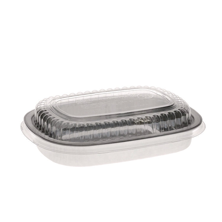 Classic Carry-Out Container with PET Dome Lid, 22 oz, 8.2 x 6.2 x 1.3, Silver/Clear, Aluminum, 100/Carton