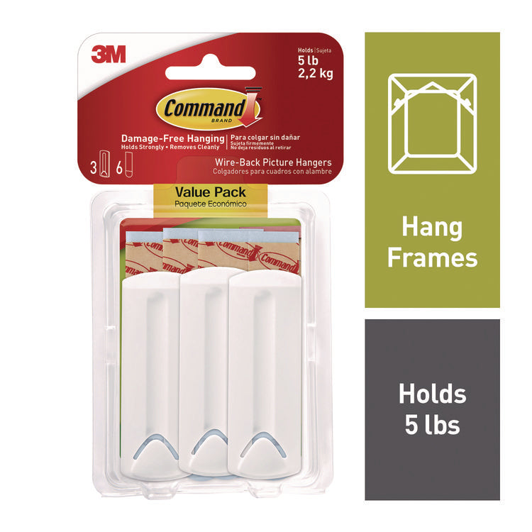 Wire-Backed Picture Hanging Hooks, Plastic, White, Supports 5 lbs, 3/Pack