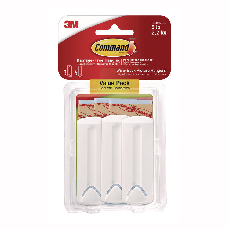 Wire-Backed Picture Hanging Hooks, Plastic, White, Supports 5 lbs, 3/Pack