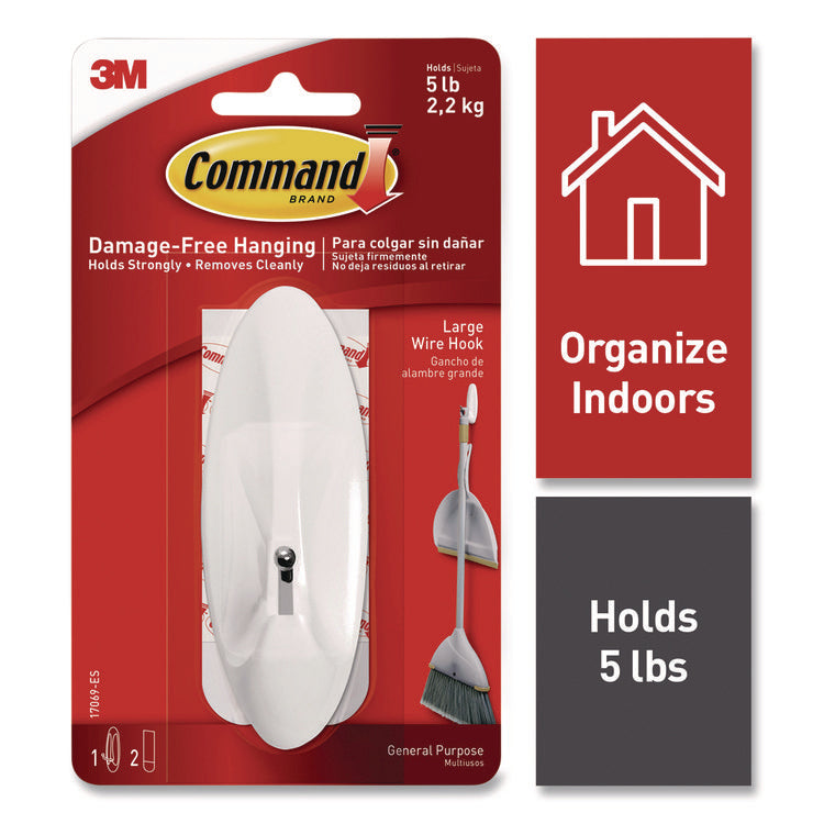 Large Wire Hook, Metal/Plastic, White, Supports 5 lbs
