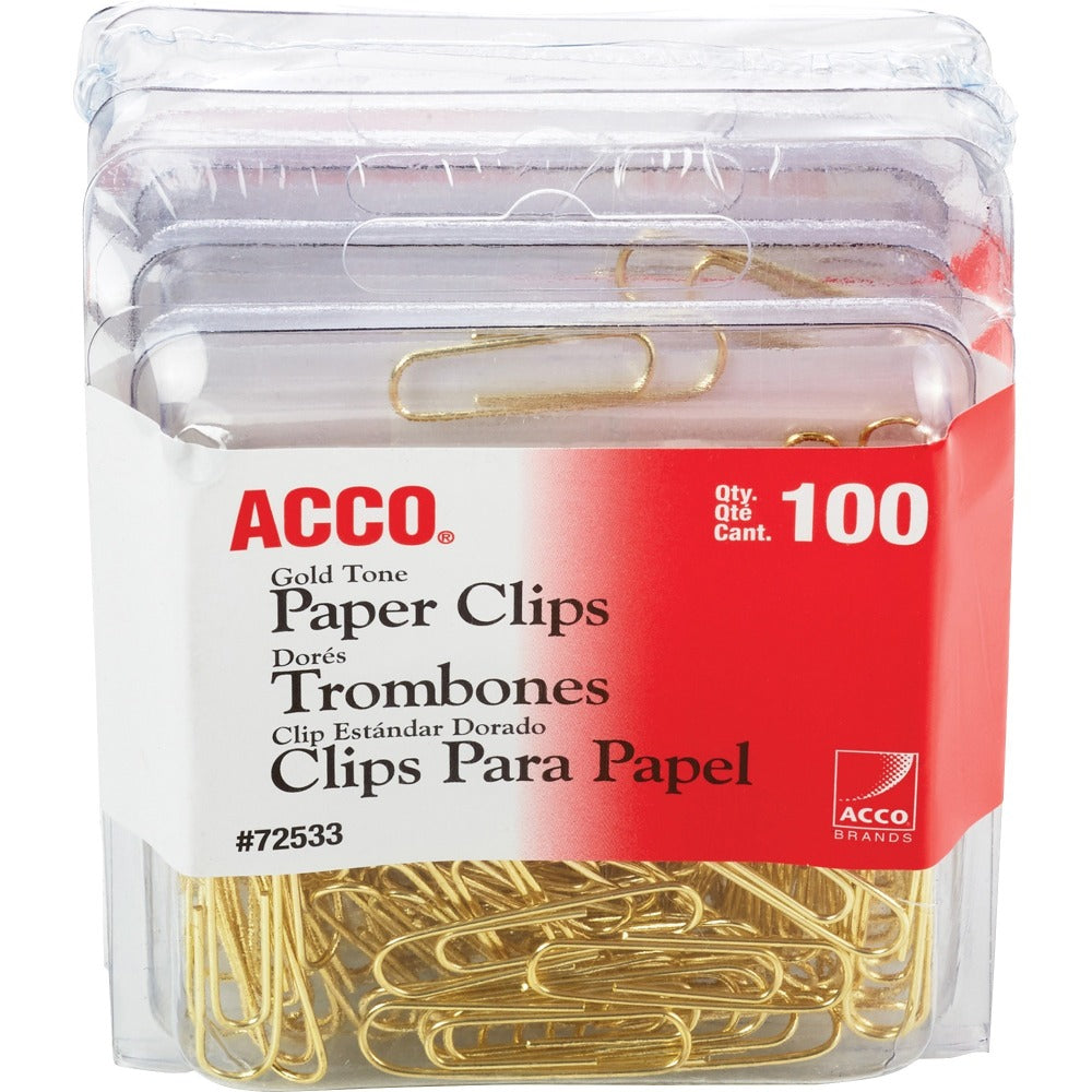 ACCO Paper Clips, 400 Total, No. 2, Gold, 100 Per Box, Pack Of 4 Boxes