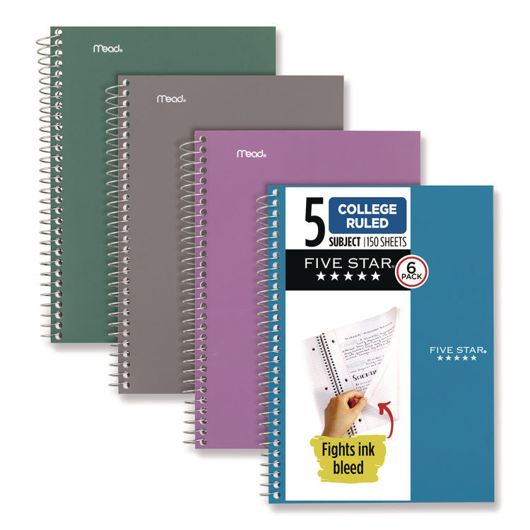 Wirebound Notebook, 5-Subject, Medium/College Rule, Assorted Cover Colors, (150) 9.5 x 6.63 Sheets, 6/Pack
