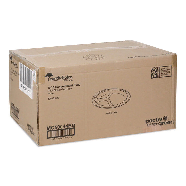 EarthChoice PFAS Free Compostable Dinnerware, 3-Compartment Plate, 10" dia, White, 500/Carton