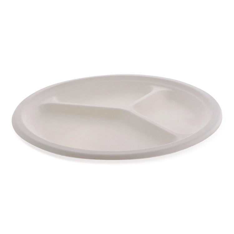EarthChoice PFAS Free Compostable Dinnerware, 3-Compartment Plate, 10" dia, White, 500/Carton