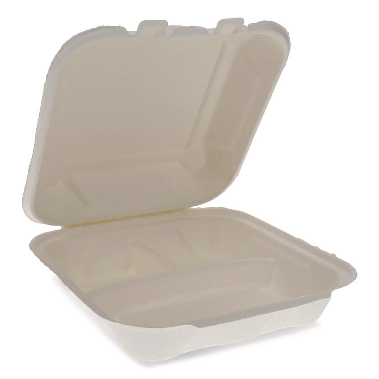 EarthChoice Bagasse Hinged Lid Container, 7.8 x 7.8 x 2.8, White, 150/Carton