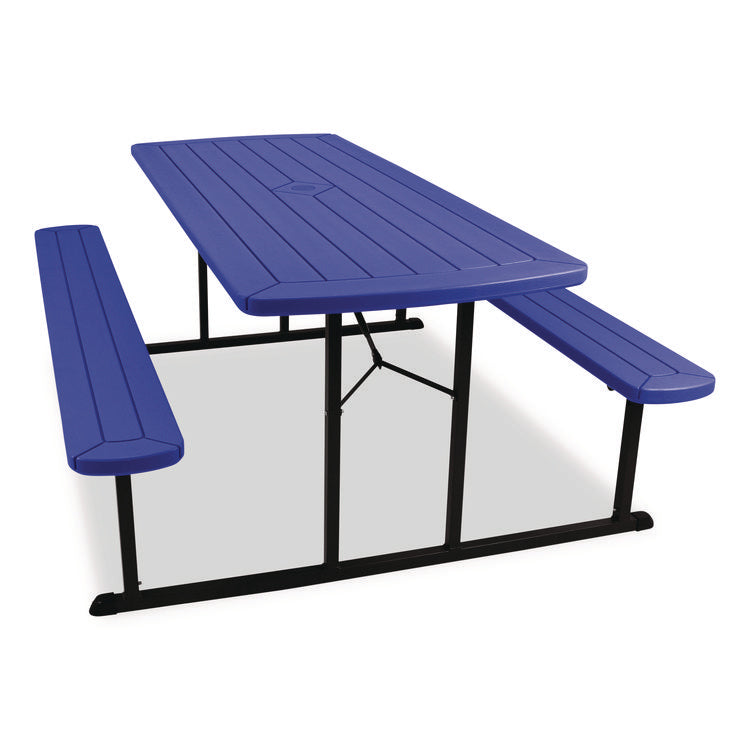 Blow Molded Folding Picnic Table, Rectangular, 57w x 72d x 29.5h, Blue Top, Black Base/Legs