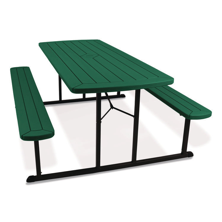 Blow Molded Folding Picnic Table, Rectangular, 57w x 72d x 29.5h, Green Top, Black Base/Legs