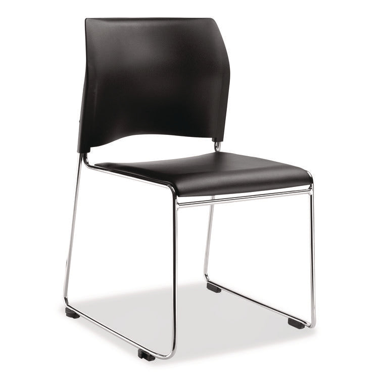 8700 Series Cafetorium Plush Vinyl Stack Chair, Supports Up to 500 lb, 18" Seat Height, Black Seat/Back, Chrome Base, 4/Pack