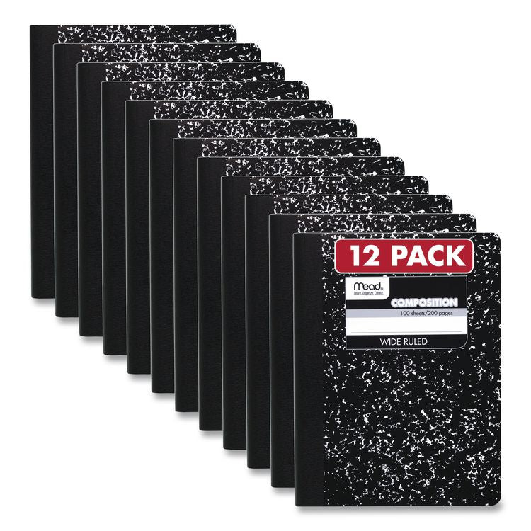 Square Deal Composition Book, 3-Subject, Wide/Legal Rule, Black Cover, (100) 9.75 x 7.5 Sheets, 12/Pack