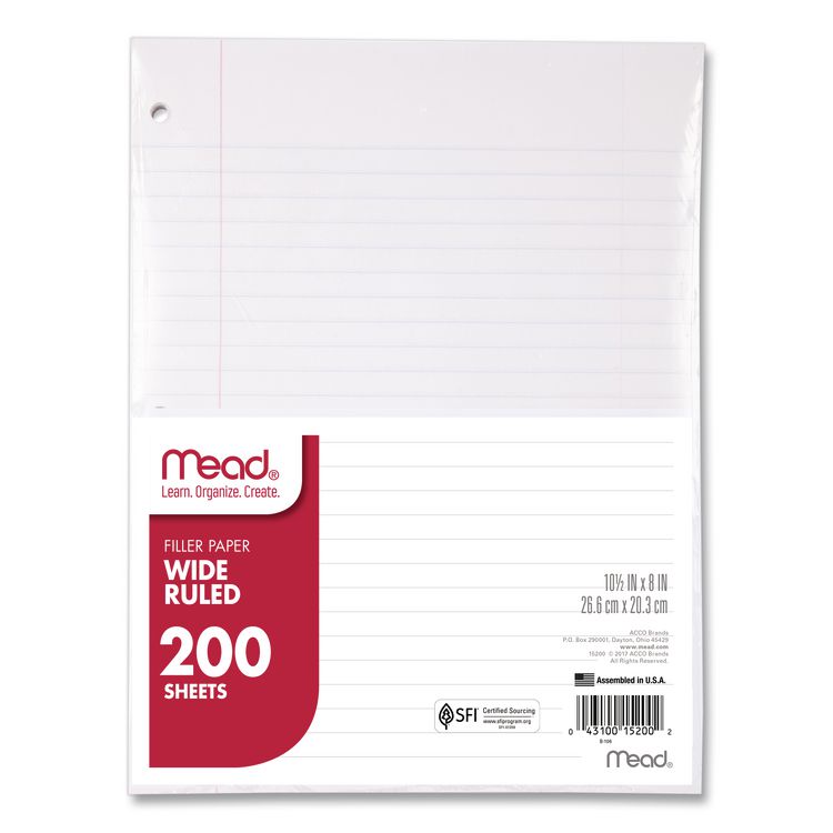 Filler Paper, 3-Hole, 8 X 10.5, Wide/legal Rule, 200/pack