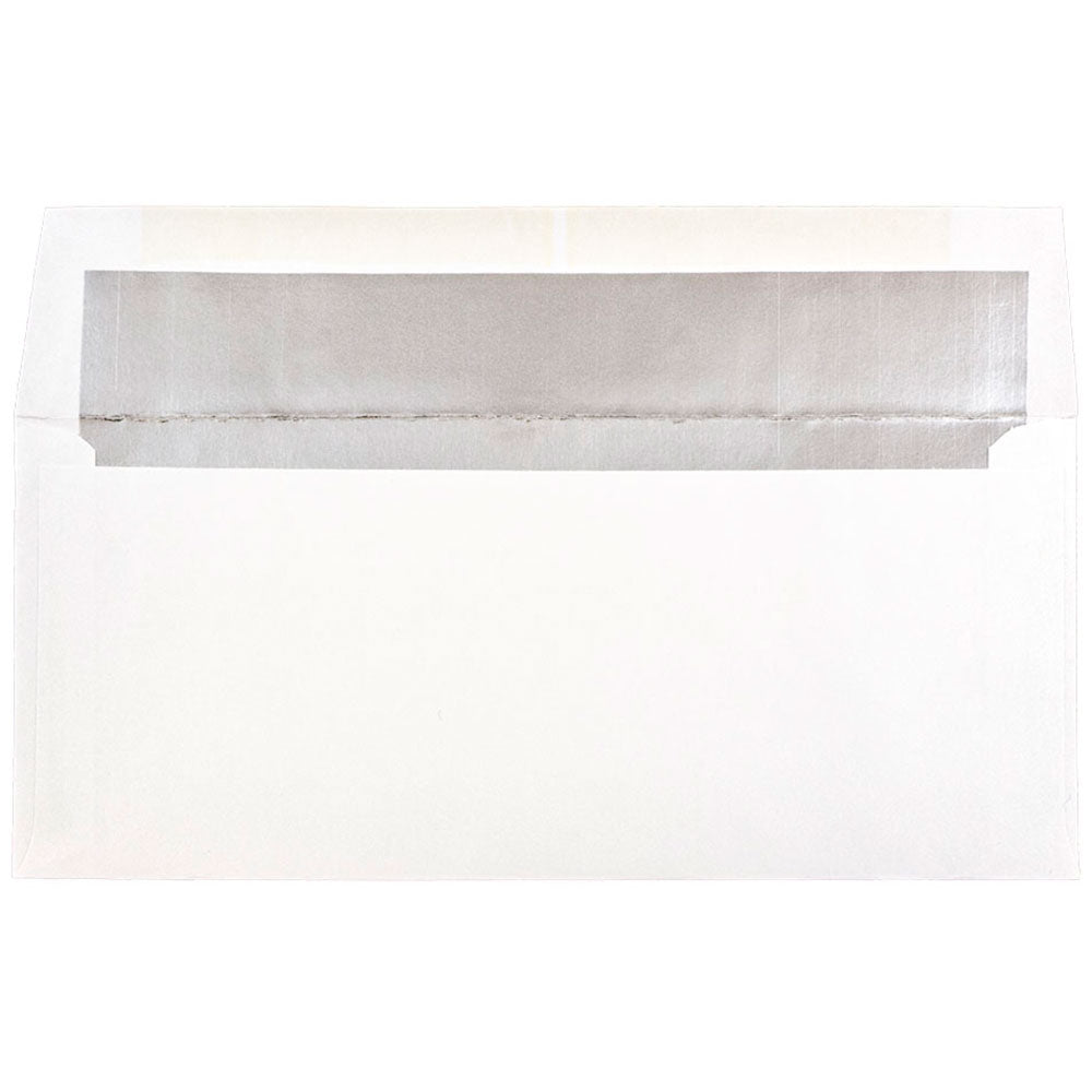JAM Paper Foil-Lined Envelopes, 3 7/8in x 8 1/8in, Gummed Seal, White/Silver Lining, Pack Of 25