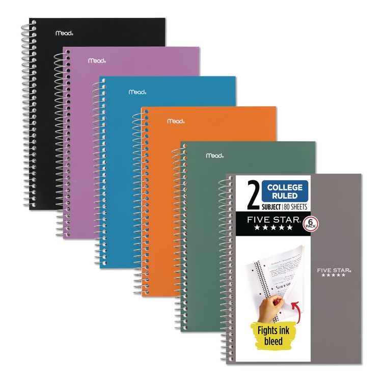 Wirebound Notebook, 2-Subject, Medium/College Rule, Assorted Cover Colors, (80) 9.5 x 6.52 Sheets, 6/Pack