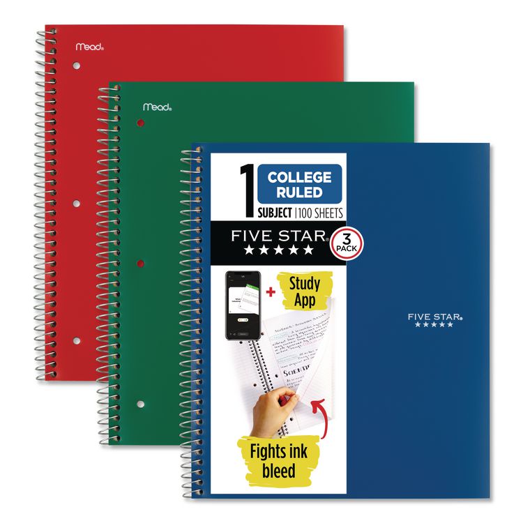 Wirebound Notebook, 1-Subject, Medium/College Rule, Assorted Cover Colors, (100) 11 x 8.5 Sheets, 3/Pack
