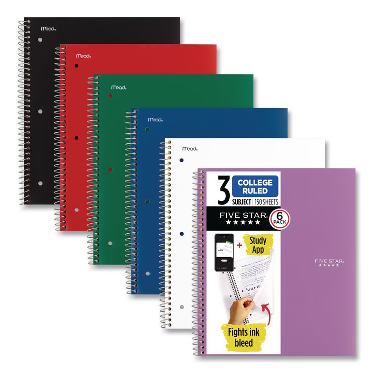 Wirebound Notebook, 3-Subject, Medium/College Rule, Assorted Cover Colors, (150) 11 x 9.13 Sheets, 6/Pack