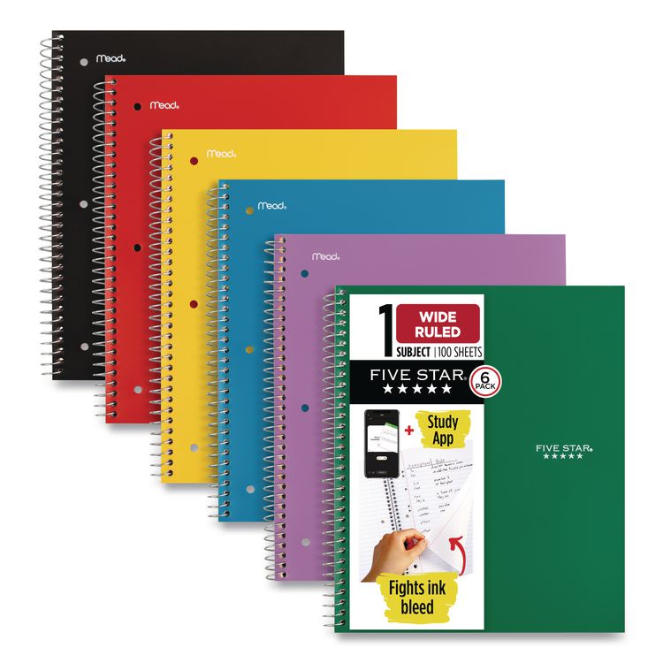 Wirebound Notebook, 1-Subject, Wide/Legal Rule, Assorted Cover Colors, (100) 10.5 x 8 Sheets, 6/Pack