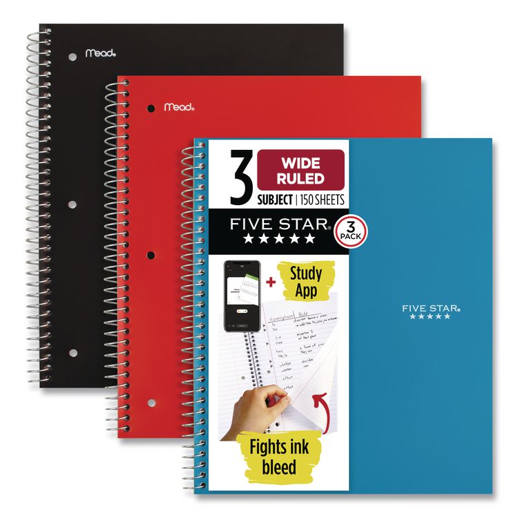 Wirebound Notebook, 3-Subject, Wide/Legal Rule, Assorted Cover Colors, (150) 10.5 x 8.63 Sheets, 3/Pack