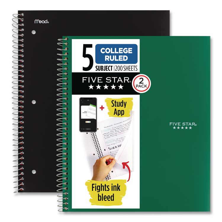 Wirebound Notebook, 5-Subject, Medium/College Rule, Assorted Cover Colors, (200) 11 x 8.5 Sheets, 2/Pack