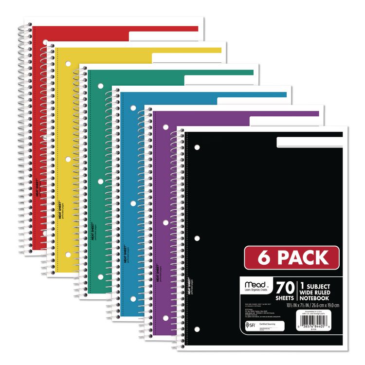 Spiral Notebook, 1-Subject, Wide/Legal Rule, Assorted Cover Colors, (70) 10.5 x 8 Sheets, 6/Pack