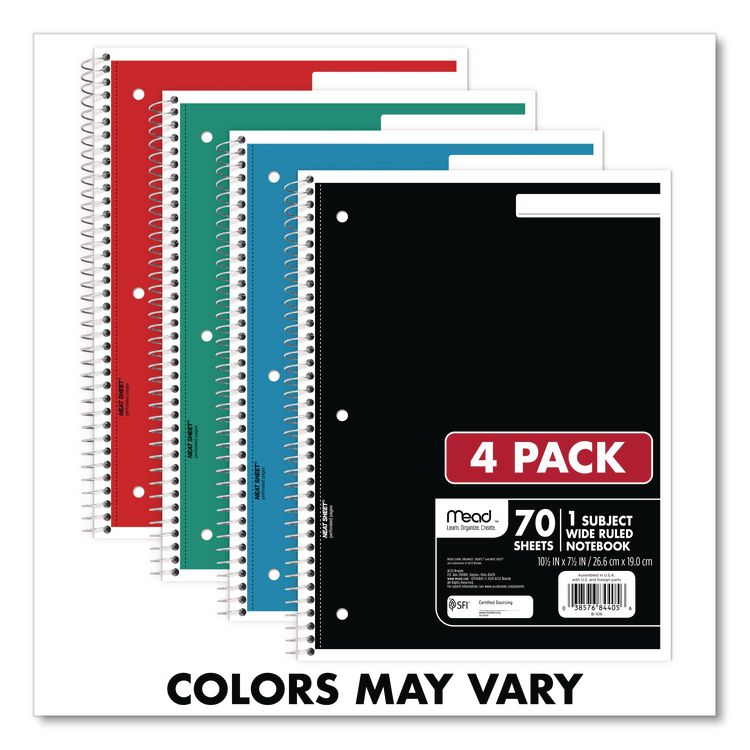 Spiral Notebook, 1-Subject, Wide/Legal Rule, Randomly Assorted Cover Colors, (70) 10.5 x 8 Sheets, 4/Pack