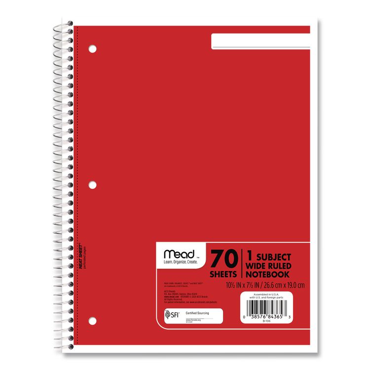 Spiral Notebook, 1-Subject, Wide/Legal Rule, Randomly Assorted Cover Colors, (70) 10.5 x 8 Sheets, 4/Pack