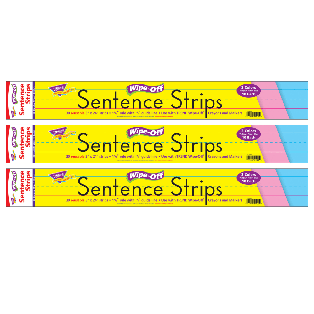 TREND Wipe-Off Sentence Strips, 3in x 24in, Multicolor, 30 Strips Per Pack, Set Of 3 Packs
