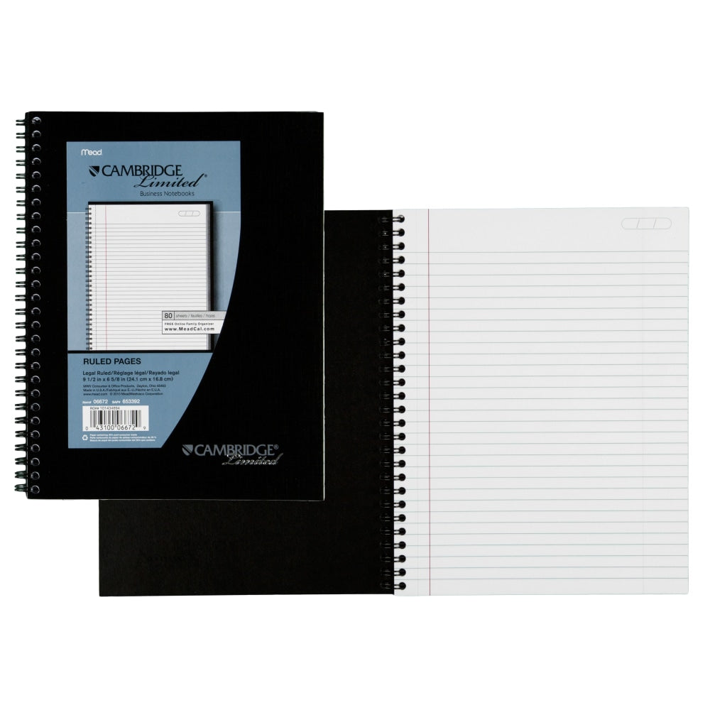 Cambridge Limited 30% Recycled Business Notebook, 6 5/8in x 9 1/2in, 1 Subject, Legal Ruled, 80 Sheets, Black (06672)