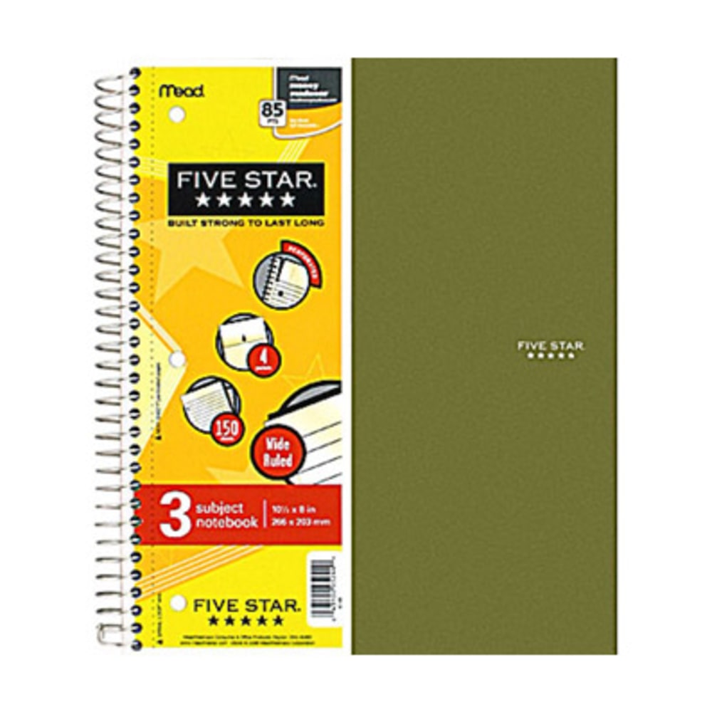 Five Star Notebook, 8in x 10 1/2in, 3 Subjects, Wide Ruled, 75 Sheets, Assorted Colors (No Color Choice)