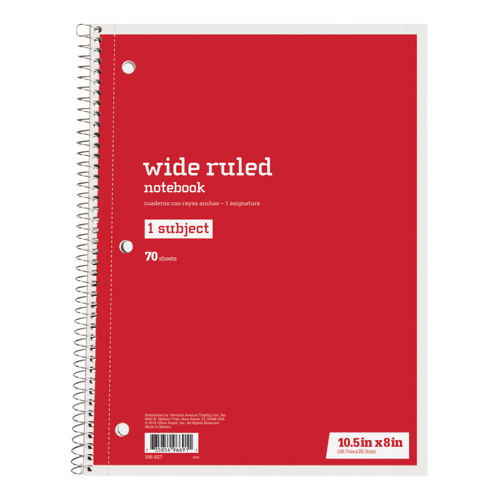 Just Basics Spiral Notebook, 8in x 10-1/2in, Wide Ruled, 70 Sheets, Red