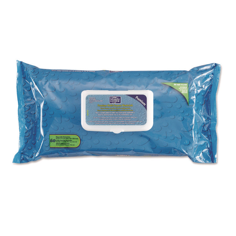Hygea Adult Wash Cloths, 1-Ply, 9.5 x 11.5, Unscented, White, 60 Wipes/Tub, 6 Tubs/Carton