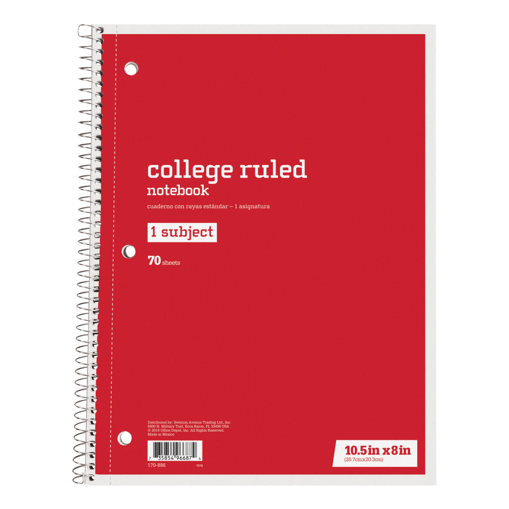 Just Basics Spiral Notebook, 8in x 10 1/2in, College Ruled, 70 Sheets, Red