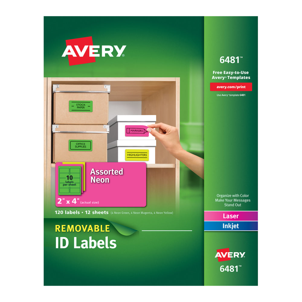 Avery Removable Laser/Inkjet Organization Labels, 6481, 2in x 4in, Assorted Colors, Pack Of 120