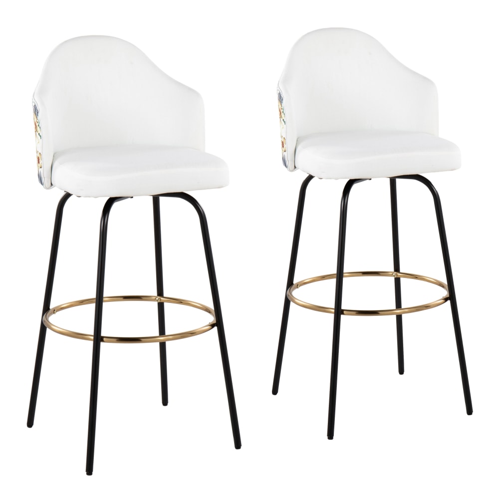 LumiSource Ahoy Floral Fixed-Height Bar Stools, White/Black/Gold, Set Of 2 Stools