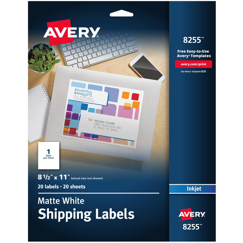 Avery Shipping Labels, 8255, Rectangle, 8-1/2in x 11in, White, Pack Of 20 Labels