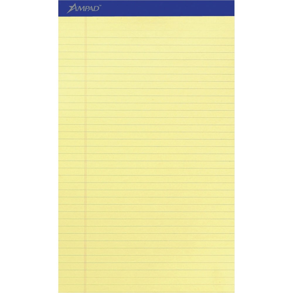 Ampad Writing Pad - 50 Sheets - Stapled - 0.34in Ruled - 15 lb Basis Weight - Legal - 8 1/2in x 14in - Canary Yellow Paper - Dark Blue Binding - Perforated, Sturdy Back, Chipboard Backing, Tear Resistant - 1 Dozen