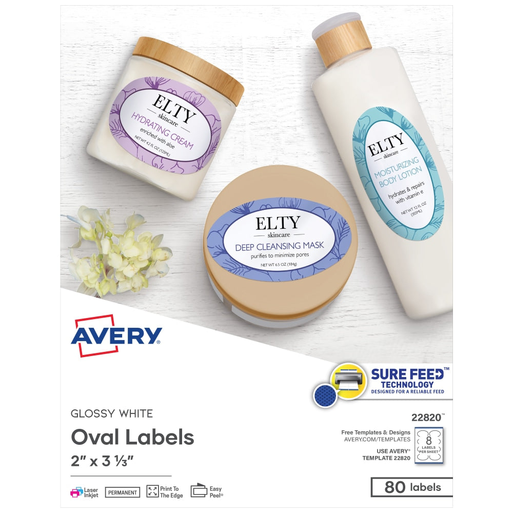 Avery Printable Blank Labels, 22820, Oval, 2in x 3-1/3in, Glossy White, Pack Of 80 Customizable Labels
