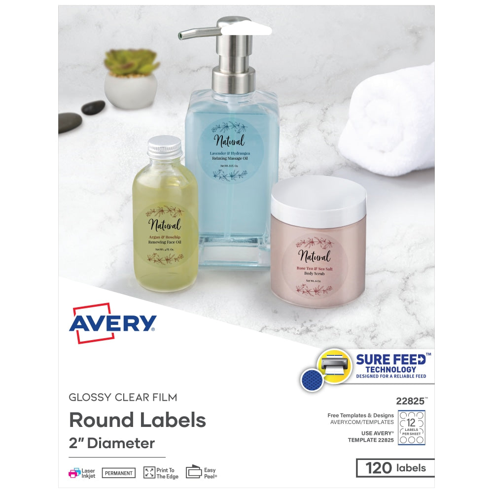 Avery Glossy Clear Print-to-the-Edge Easy Peel Labels With Sure Feed Technology, 22825, Round, 2in Diameter, Clear, Pack Of 120