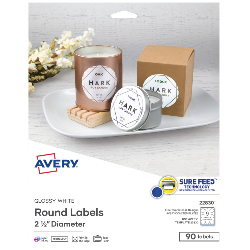 Avery Easy Peel TrueBlock Print-To-The-Edge Inkjet/Laser Labels, Round, 22830, 2 1/2in Diameter, Glossy White, Pack Of 90