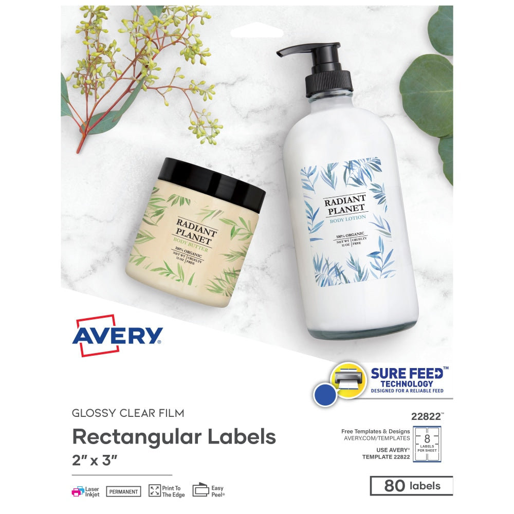 Avery Easy Peel TrueBlock Print-To-The-Edge Inkjet/Laser Labels, Rectangular, 22822, 2in x 3in, Glossy Clear, Pack Of 80