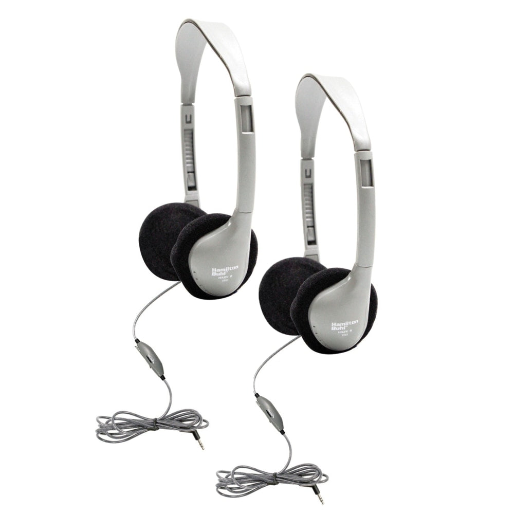 HamiltonBuhl SchoolMate On-Ear Stereo Headphones With In-Line Volume Control, Silver/Black, Pack Of 2 Headphones