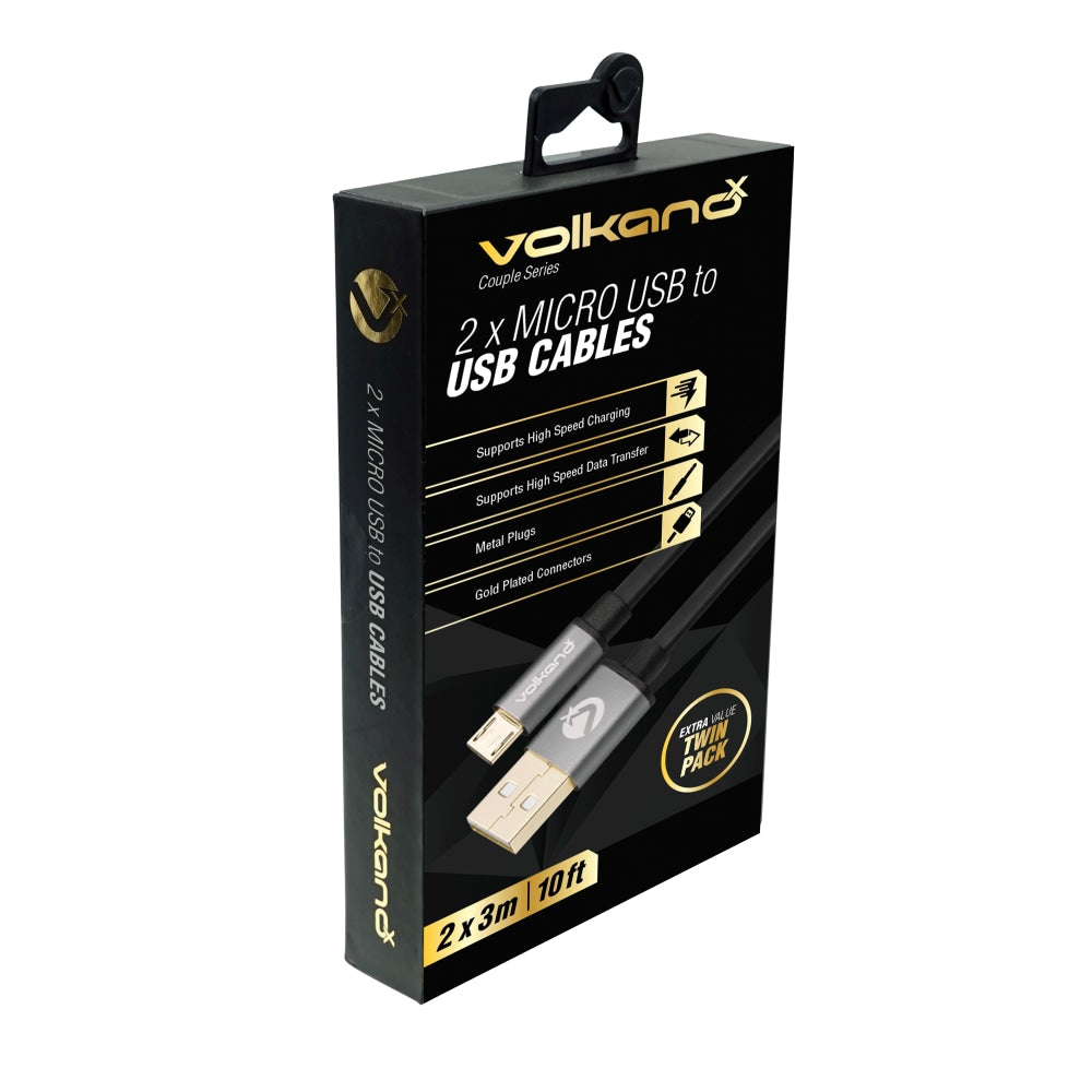 Volkano X Couple Series Micro USB Cables, 10ft, Black, Pack Of 2 Cables, VK-20069-BK