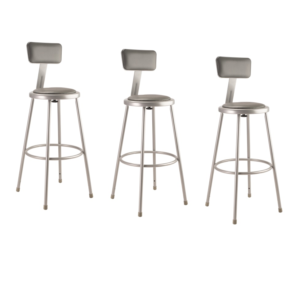 National Public Seating Vinyl-Padded Stools With Backs, 30inH, Gray, Set Of 3