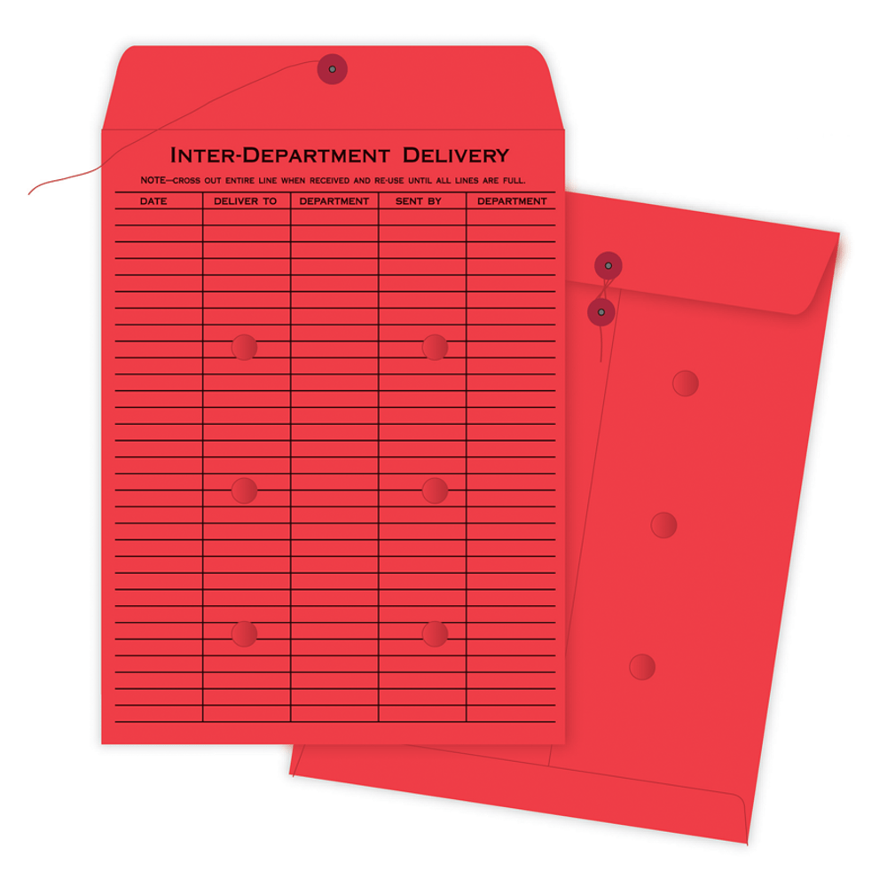 Quality Park Interdepartment Envelopes, 10in x 13in, 1-Sided Narrow Rule, Button & String Closure, Red, Box Of 100