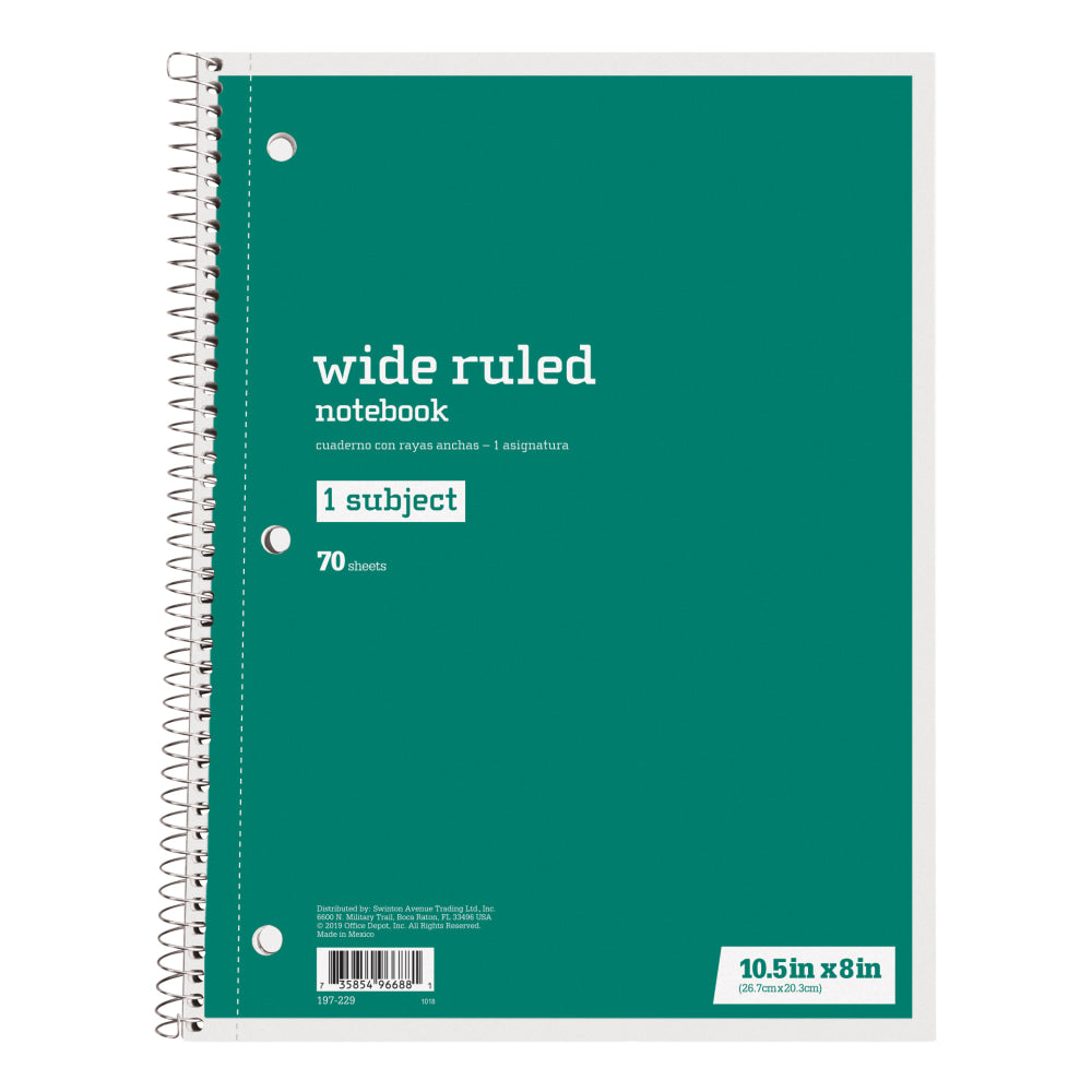 Just Basics Spiral Notebook, 8in x 10-1/2in, Wide Ruled, 70 Sheets, Green